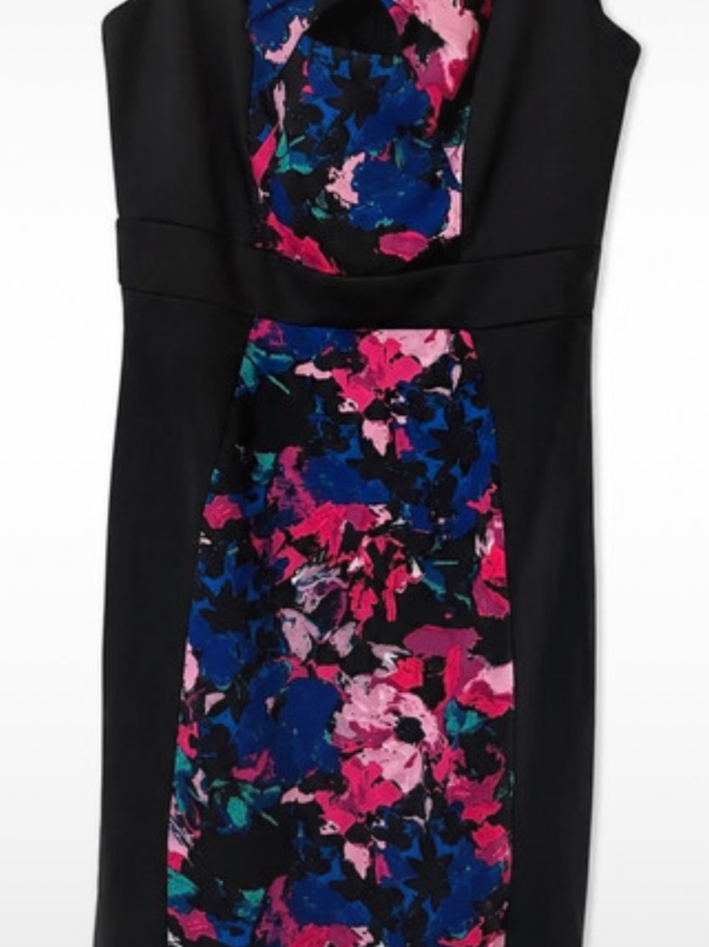 Signature by Sangria Black Midi Sheath Dress with Pink & Blue Floral Panel